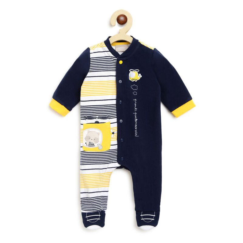 Boys Dark Blue Striped Front Opening Babysuit image number 0